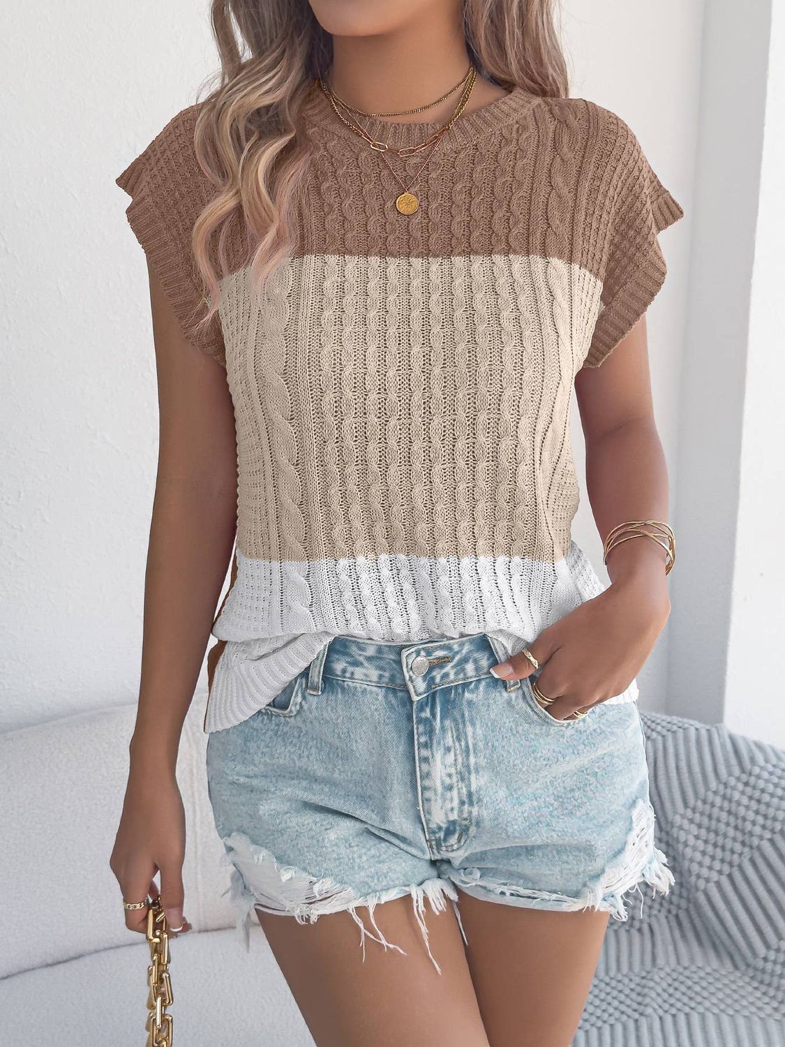 Anna Kaci Color Block Cable Knit Short Sleeve Pullover Top
