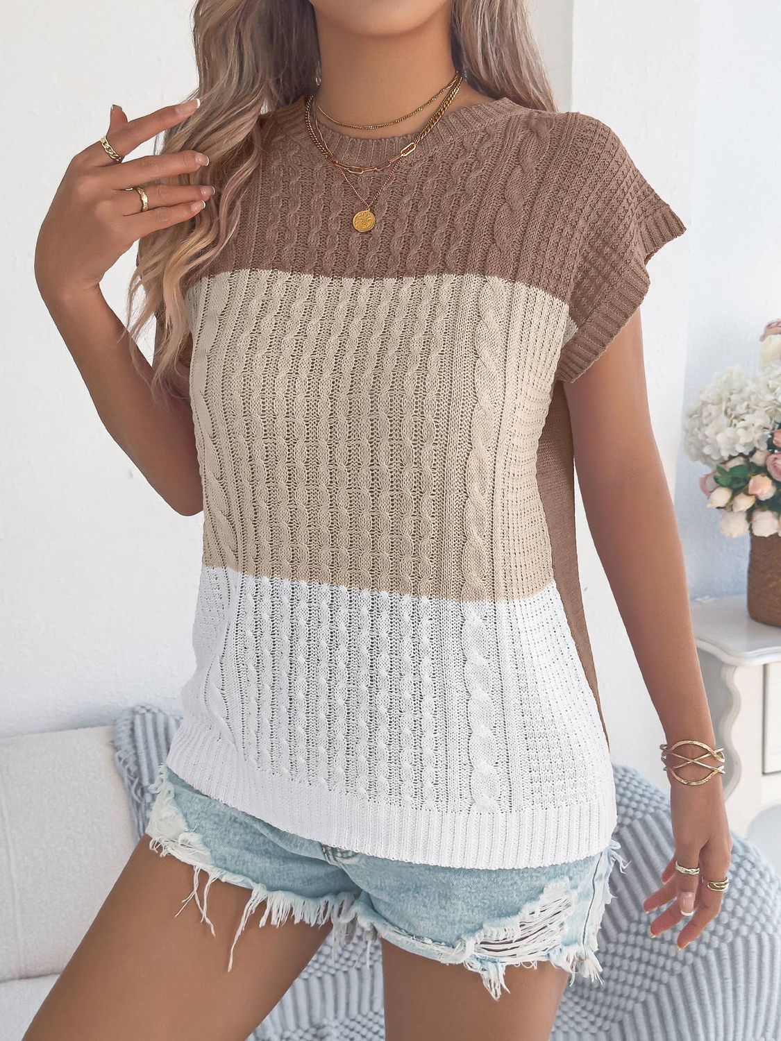 Anna Kaci Color Block Cable Knit Short Sleeve Pullover Top