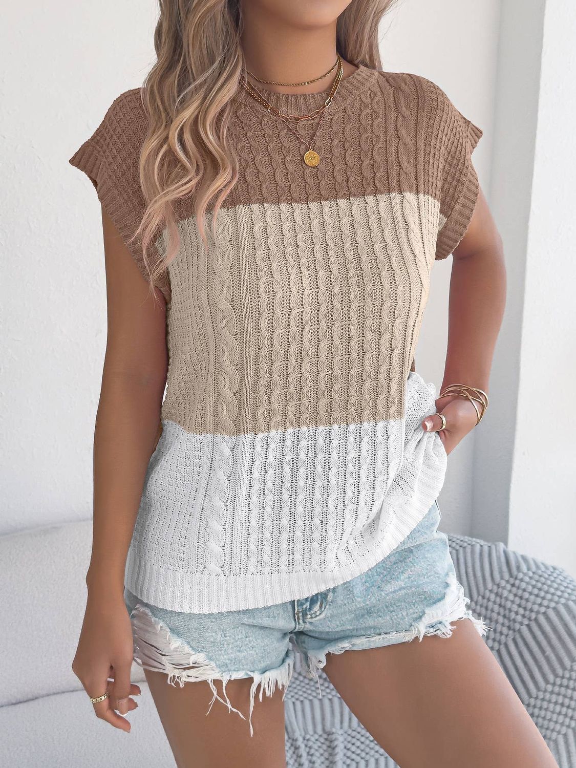 Anna Kaci Color Block Cable Knit Short Sleeve Pullover Top