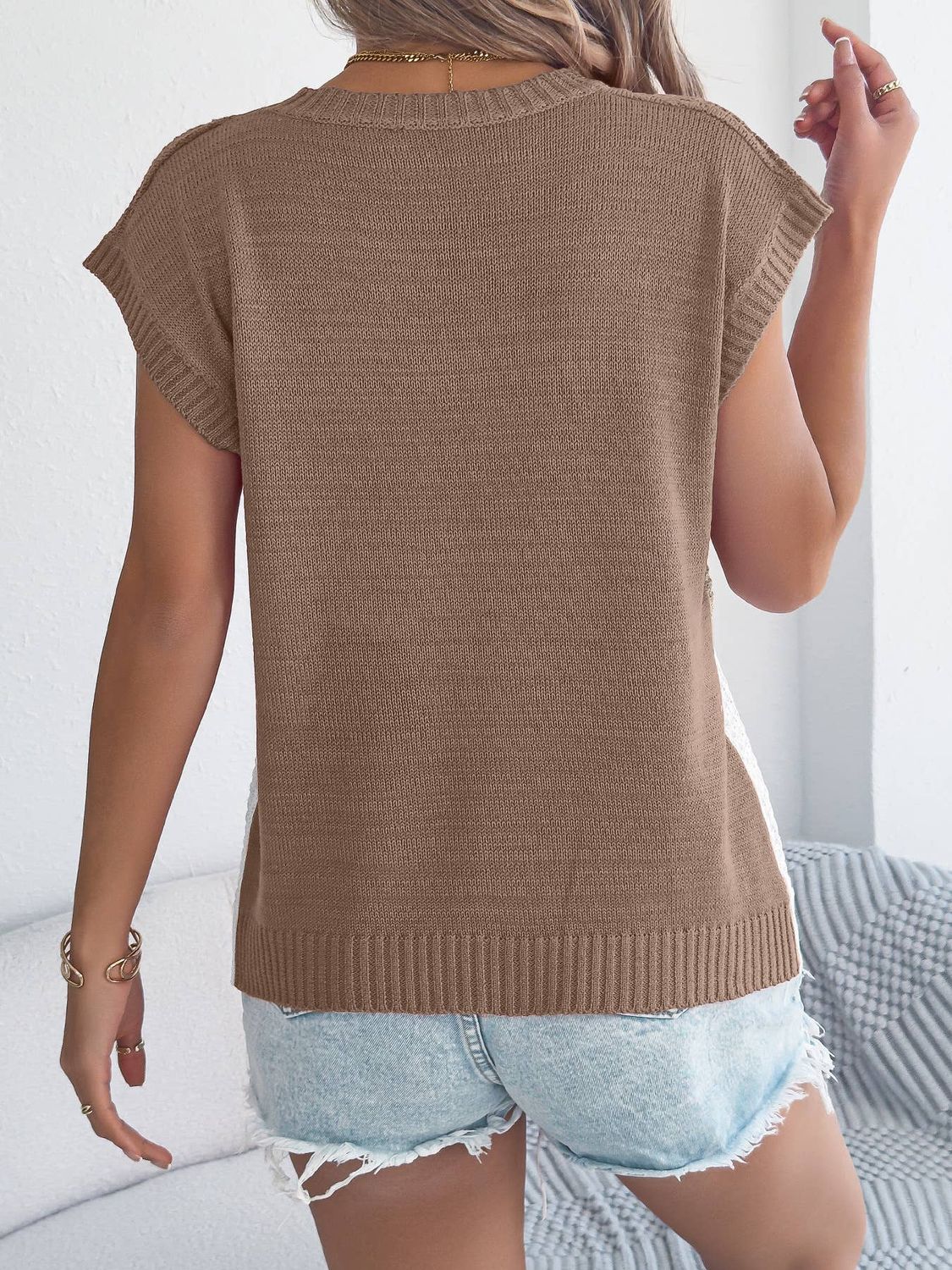 Anna Kaci Color Block Cable Knit Short Sleeve Pullover Top