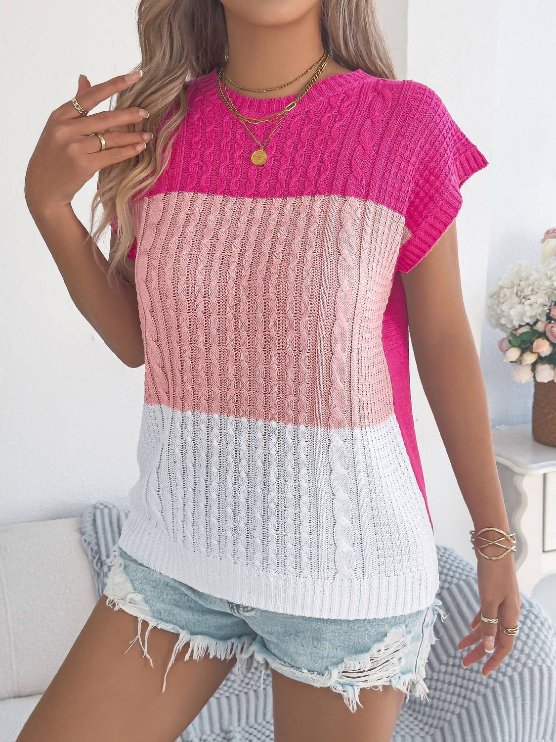 Anna Kaci Color Block Cable Knit Short Sleeve Pullover Top