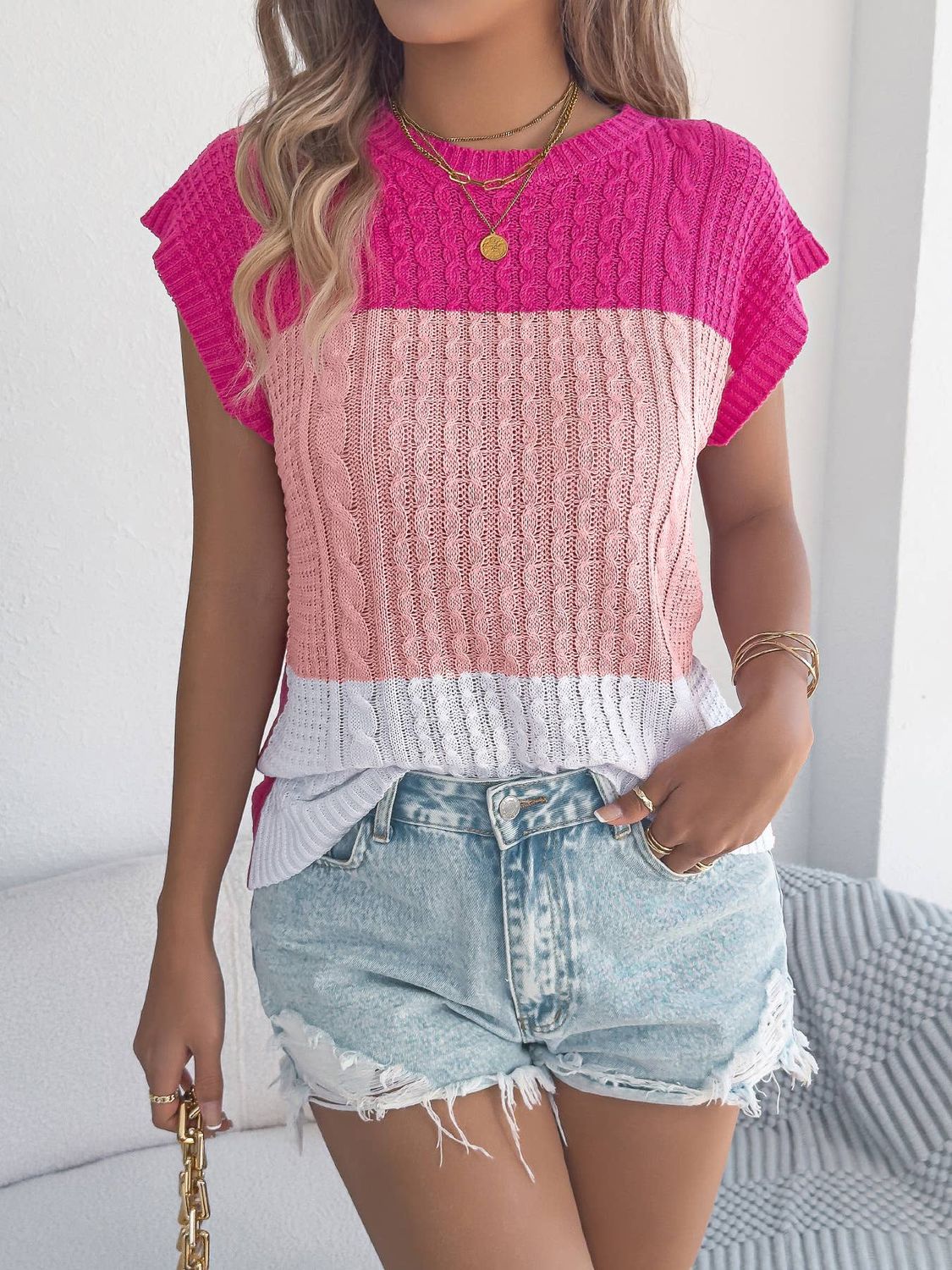 Anna Kaci Color Block Cable Knit Short Sleeve Pullover Top