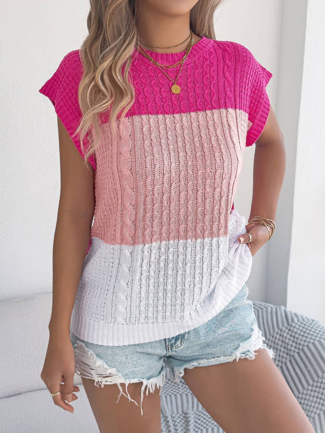 Anna Kaci Color Block Cable Knit Short Sleeve Pullover Top