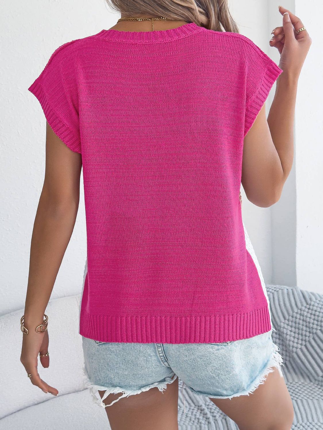 Anna Kaci Color Block Cable Knit Short Sleeve Pullover Top