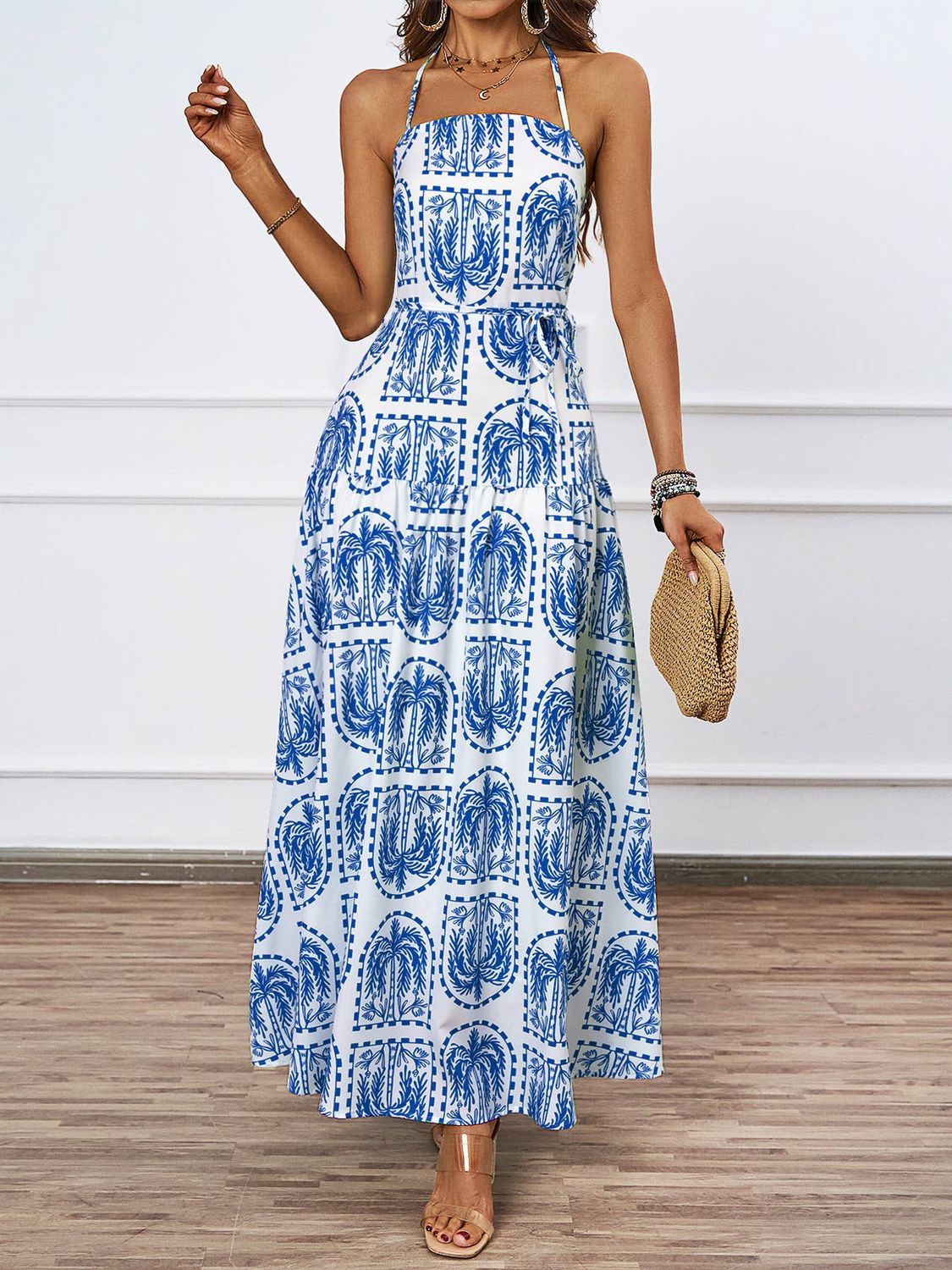 Palm-Print Halter Maxi Dress