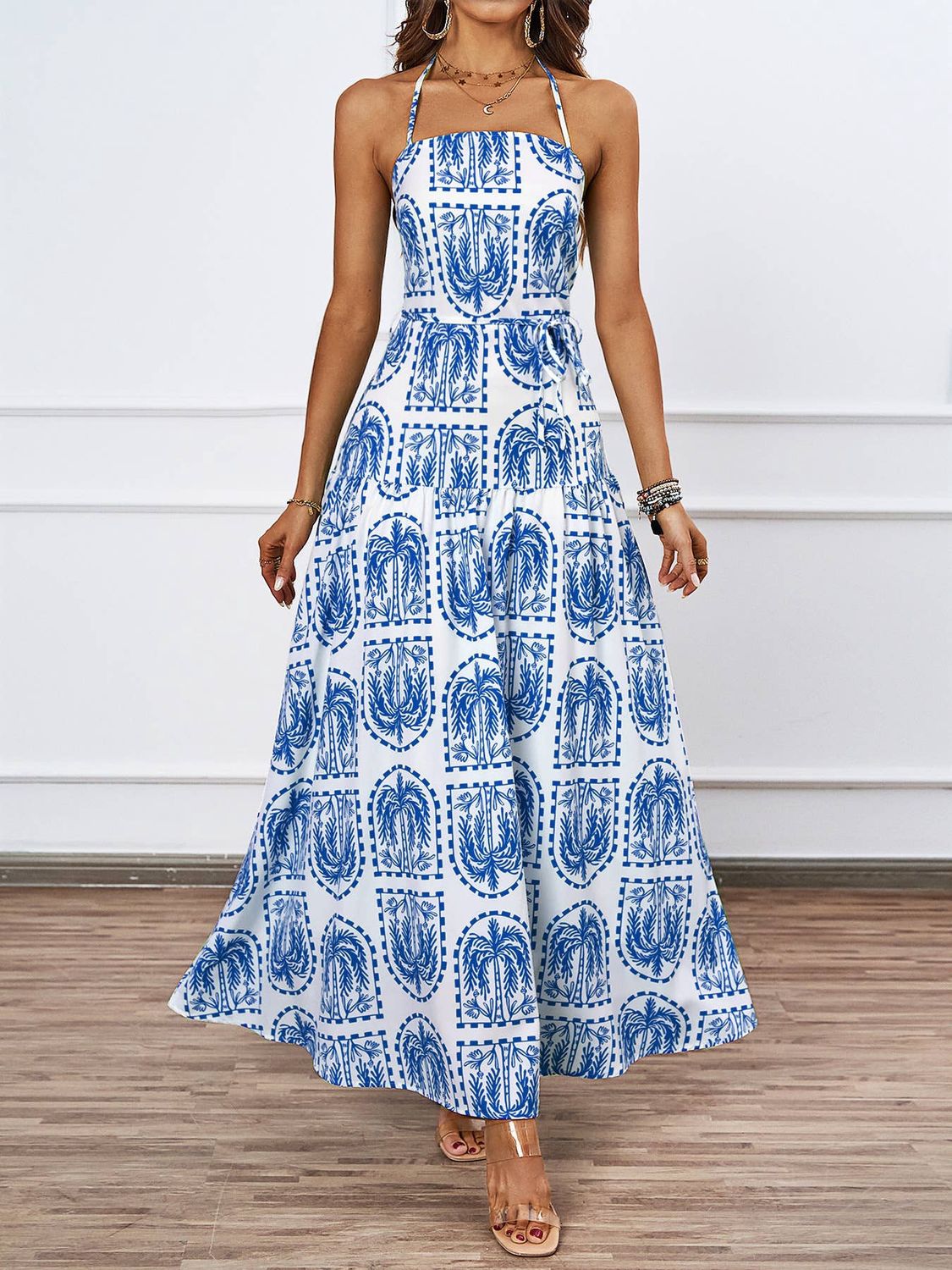 Palm-Print Halter Maxi Dress