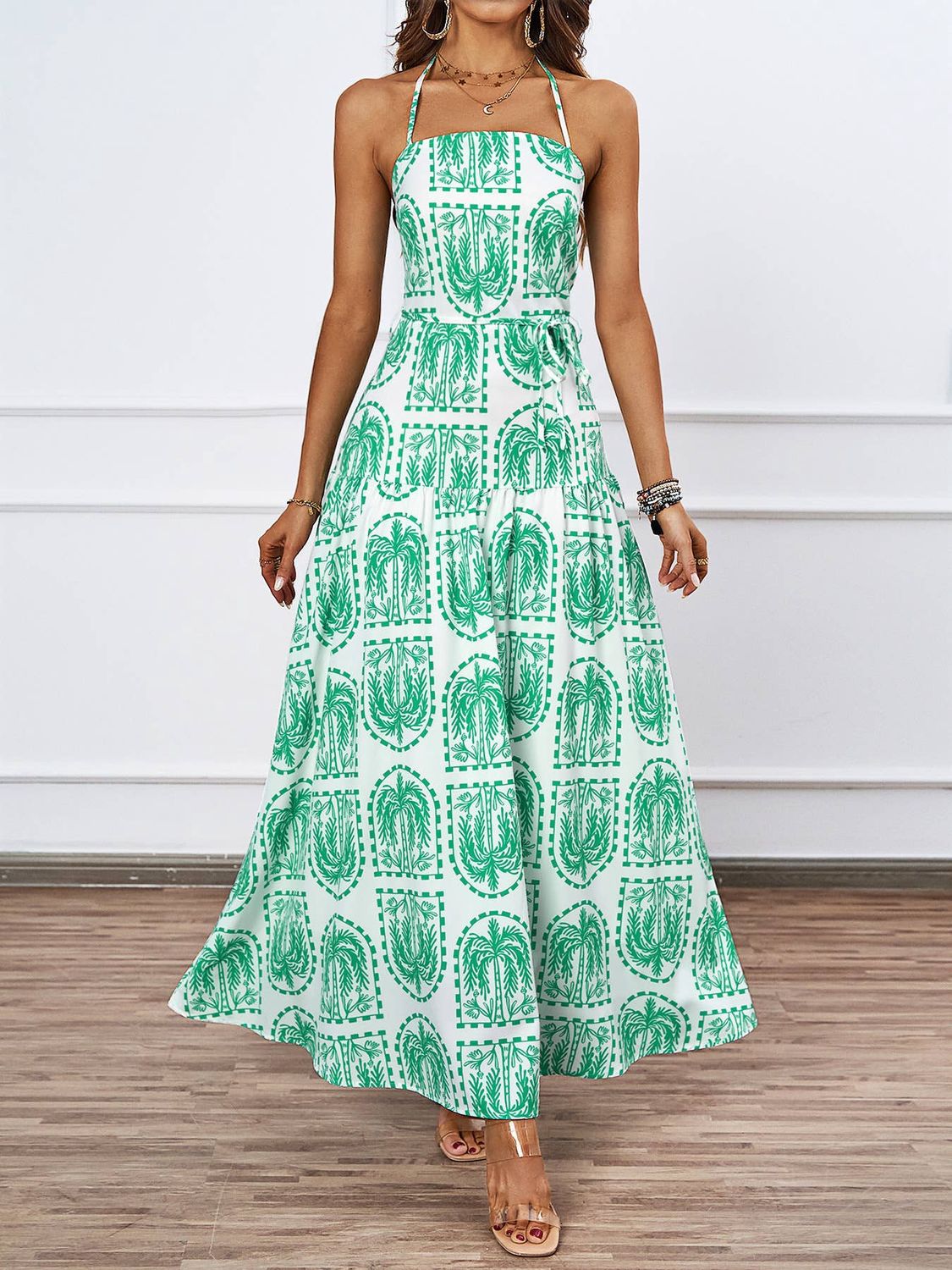 Palm-Print Halter Maxi Dress