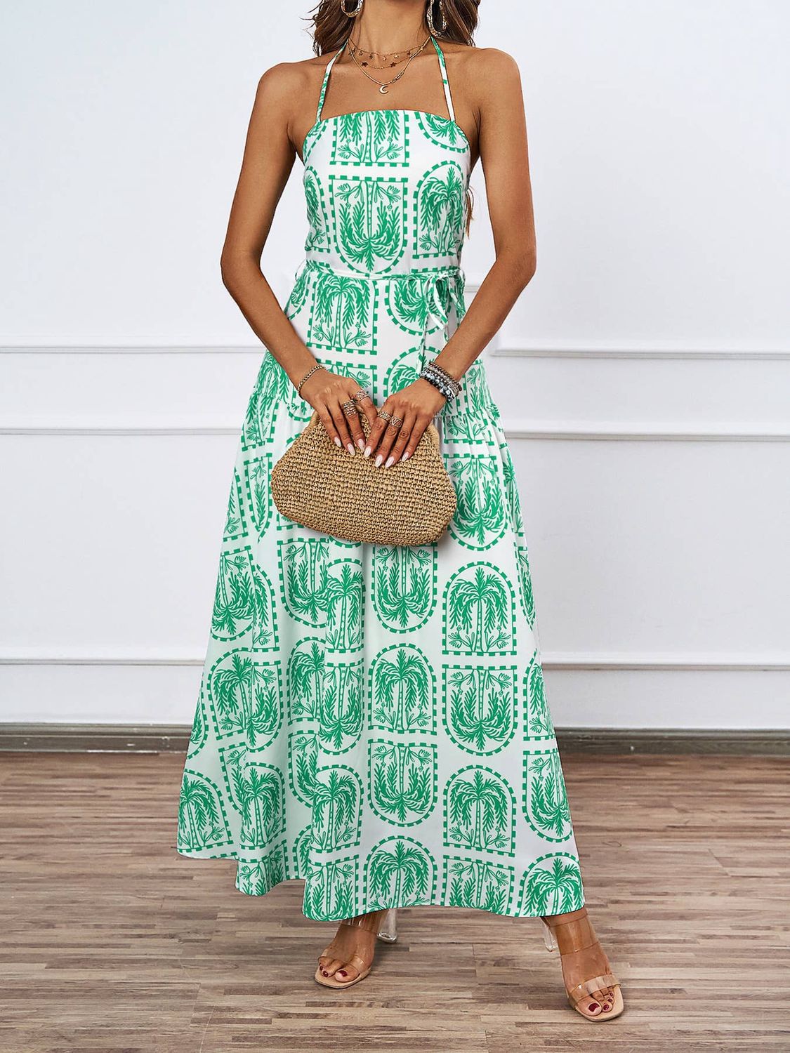 Palm-Print Halter Maxi Dress