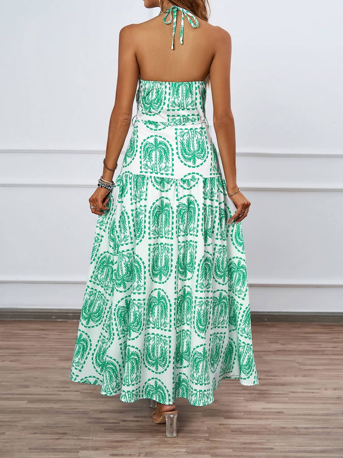 Palm-Print Halter Maxi Dress