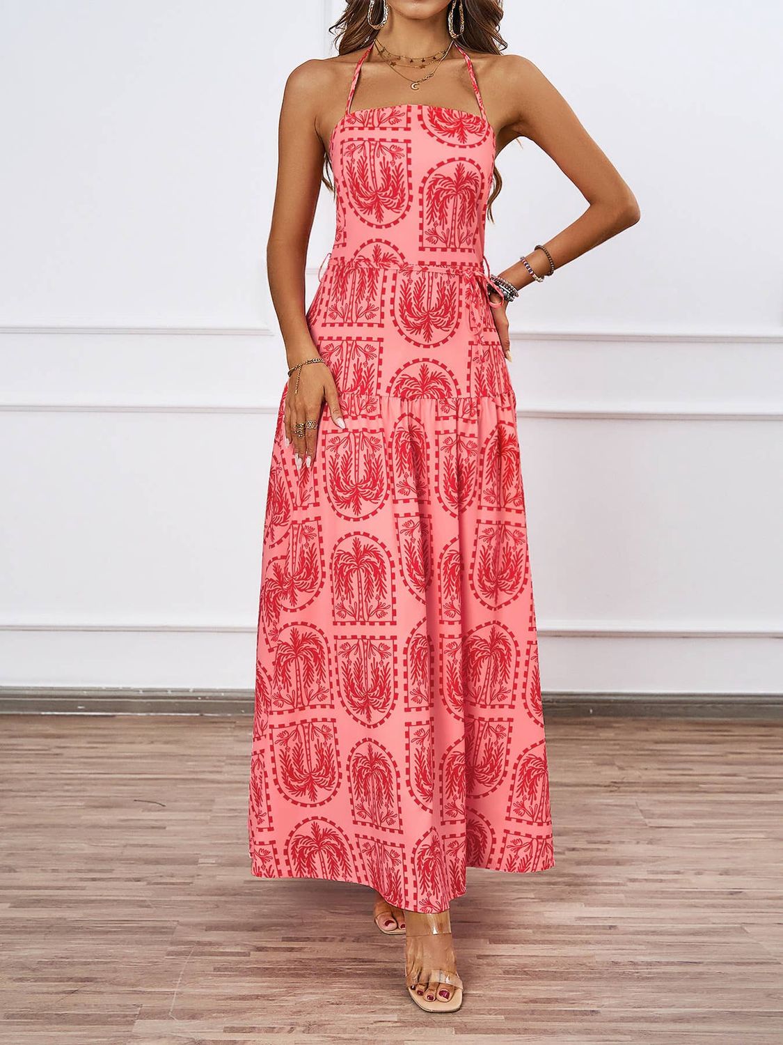 Palm-Print Halter Maxi Dress