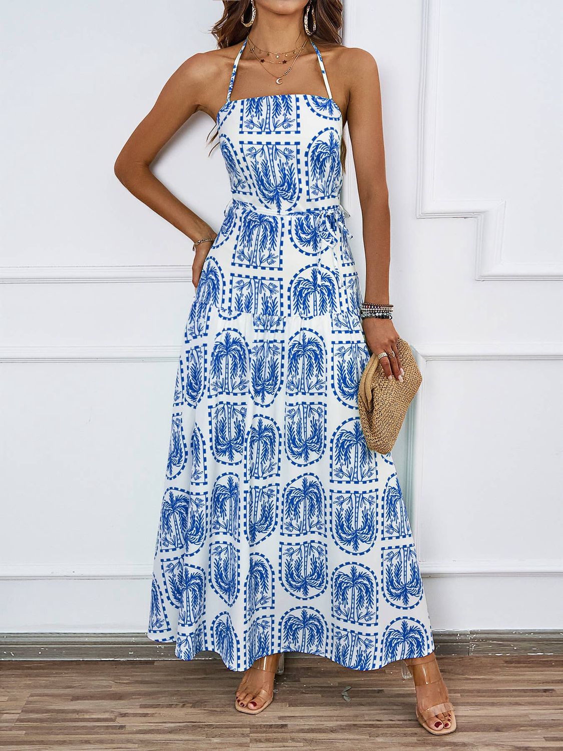 Palm-Print Halter Maxi Dress