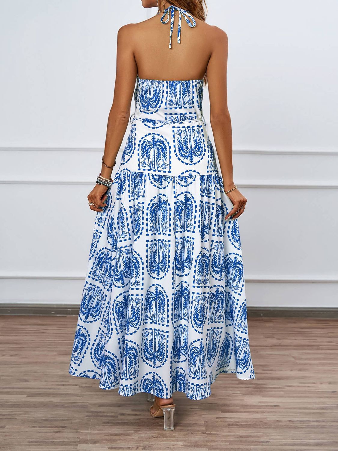 Palm-Print Halter Maxi Dress