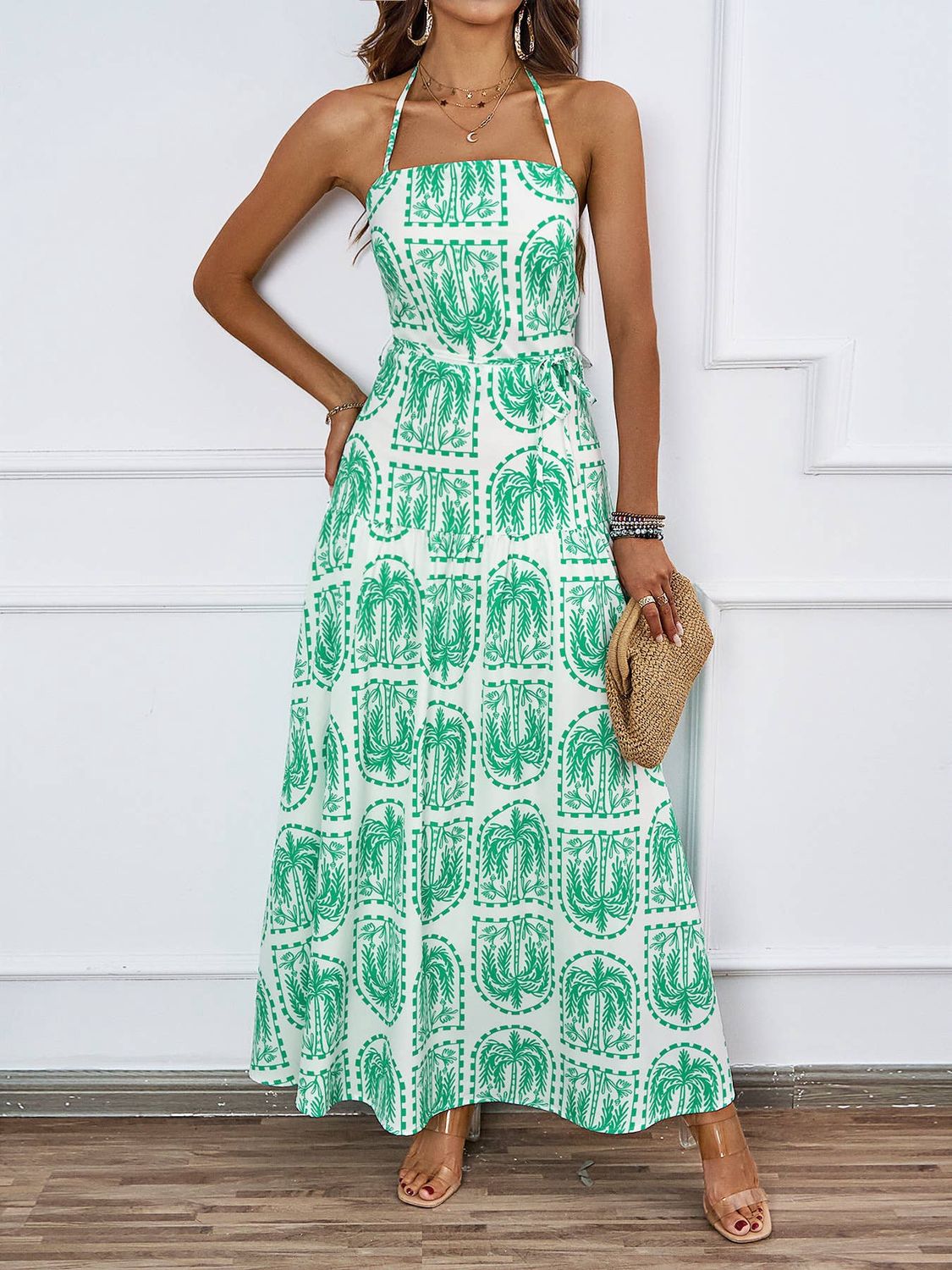 Palm-Print Halter Maxi Dress