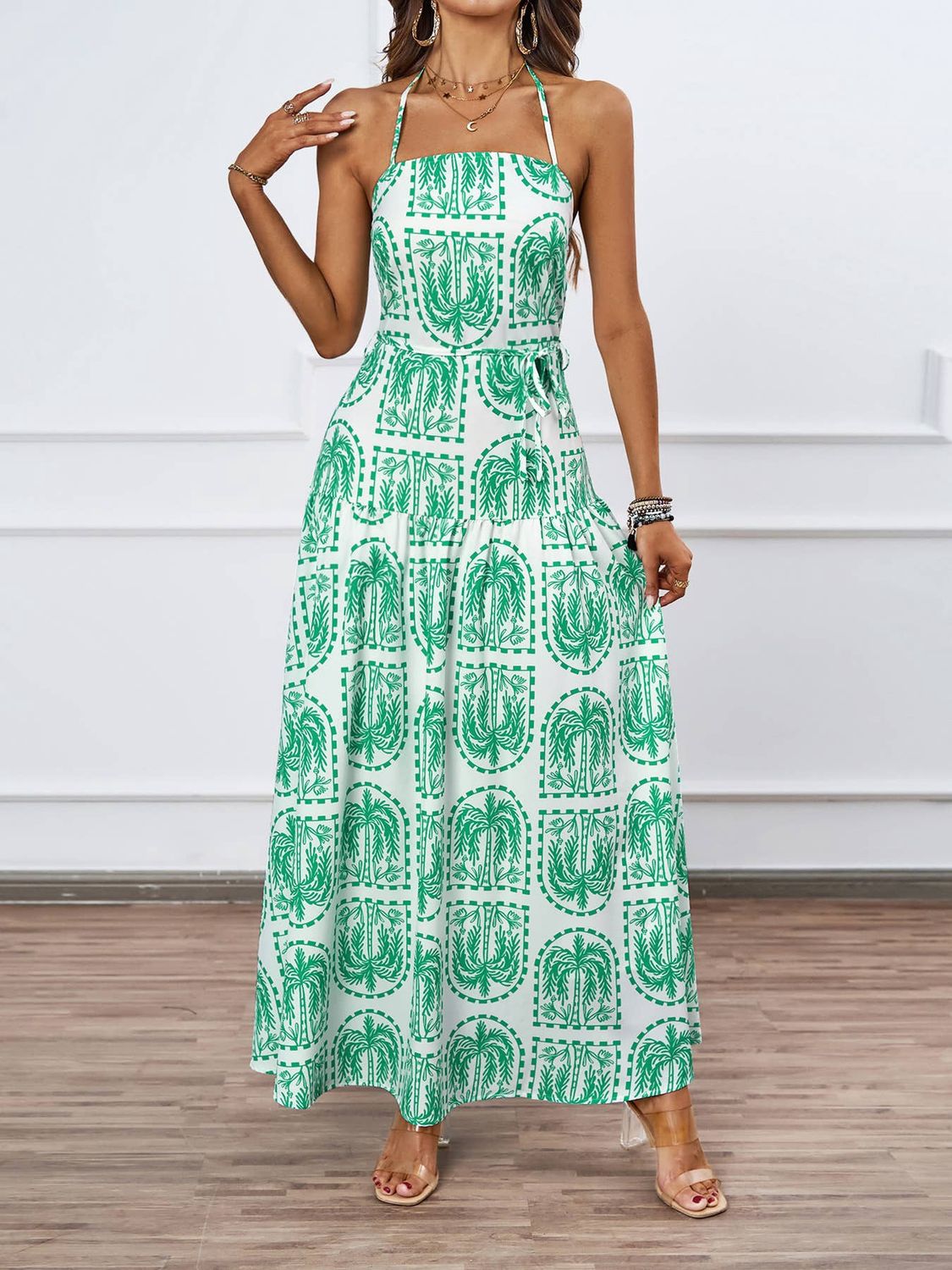 Palm-Print Halter Maxi Dress