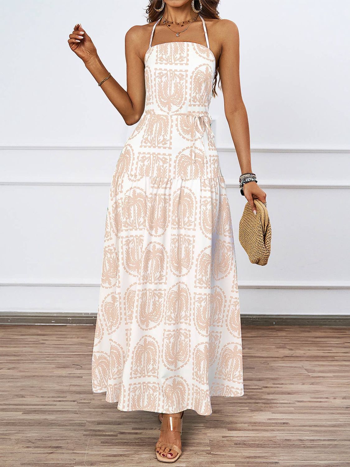 Palm-Print Halter Maxi Dress