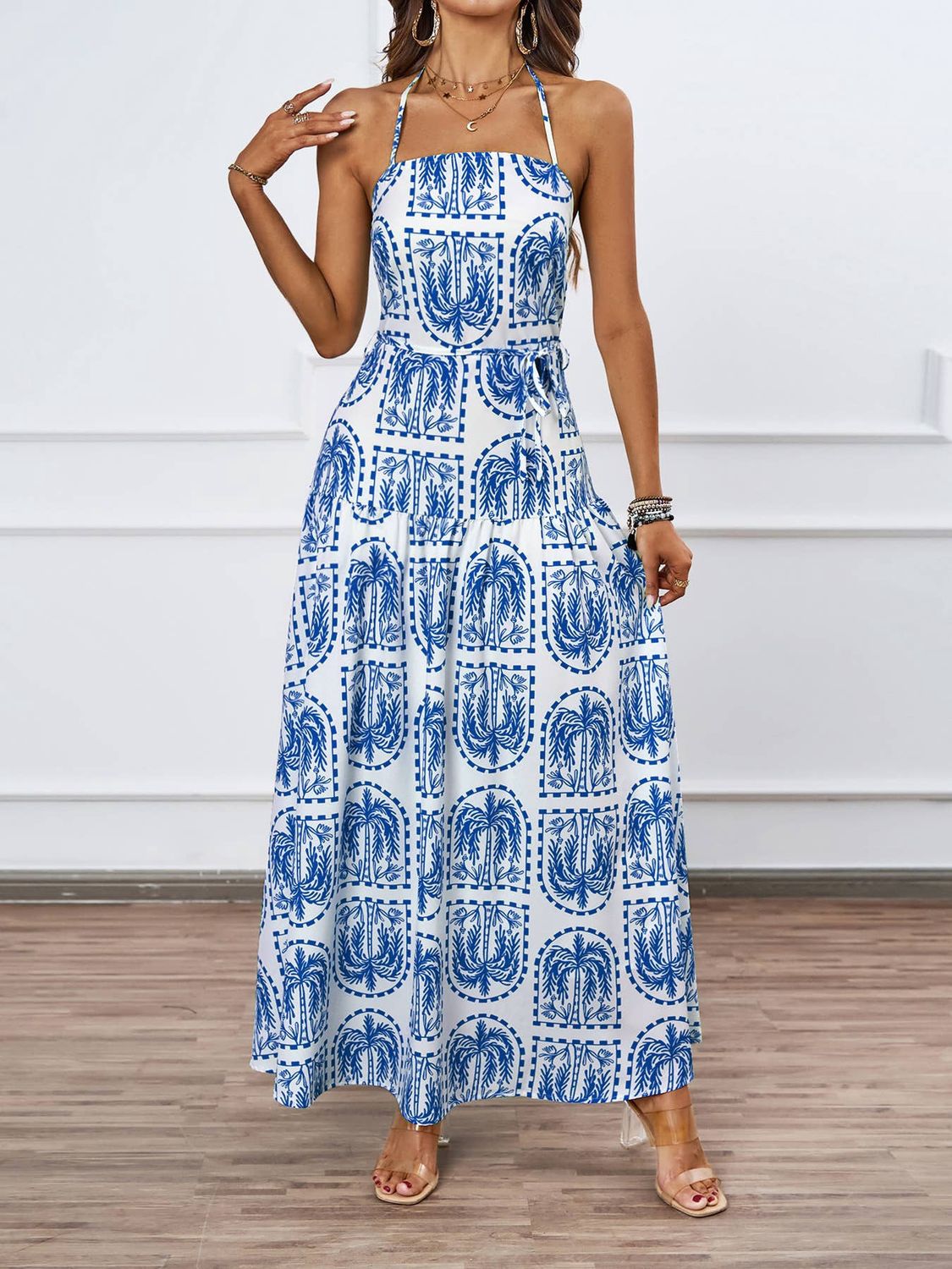 Palm-Print Halter Maxi Dress