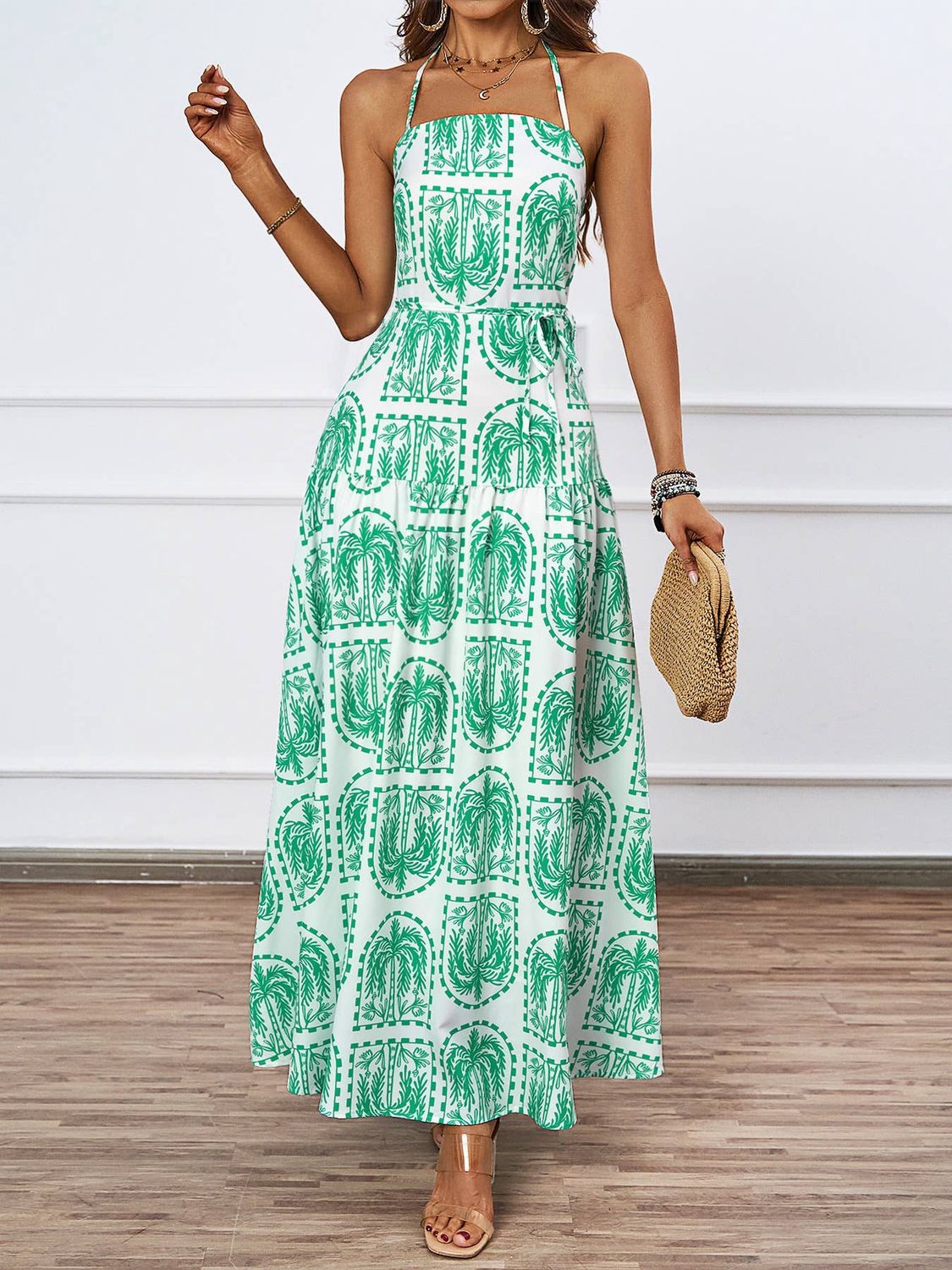 Palm-Print Halter Maxi Dress