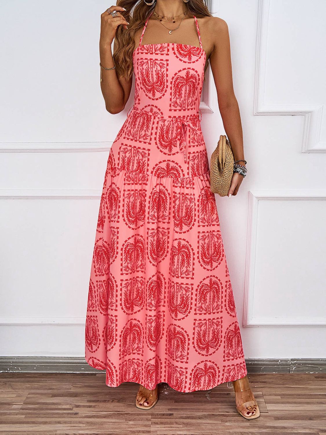 Palm-Print Halter Maxi Dress