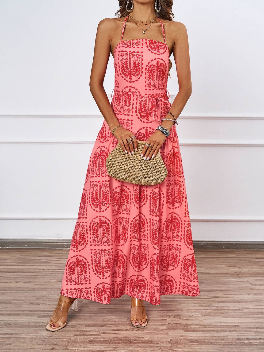 Palm-Print Halter Maxi Dress