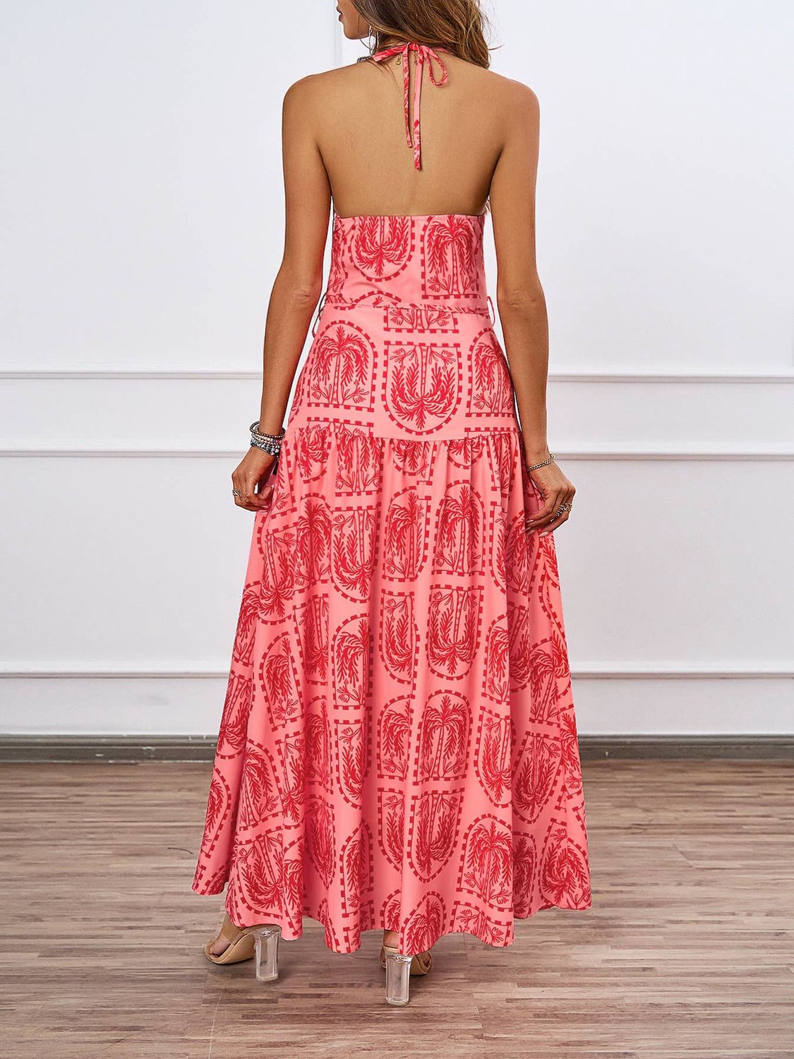 Palm-Print Halter Maxi Dress