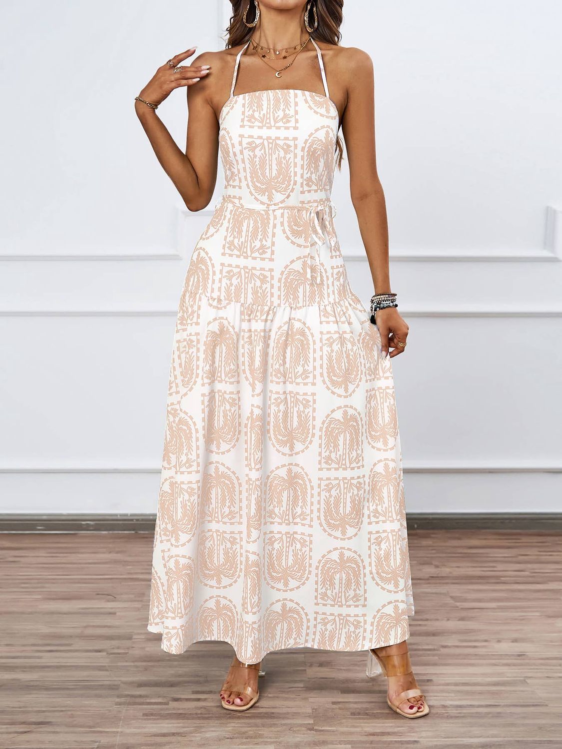 Palm-Print Halter Maxi Dress