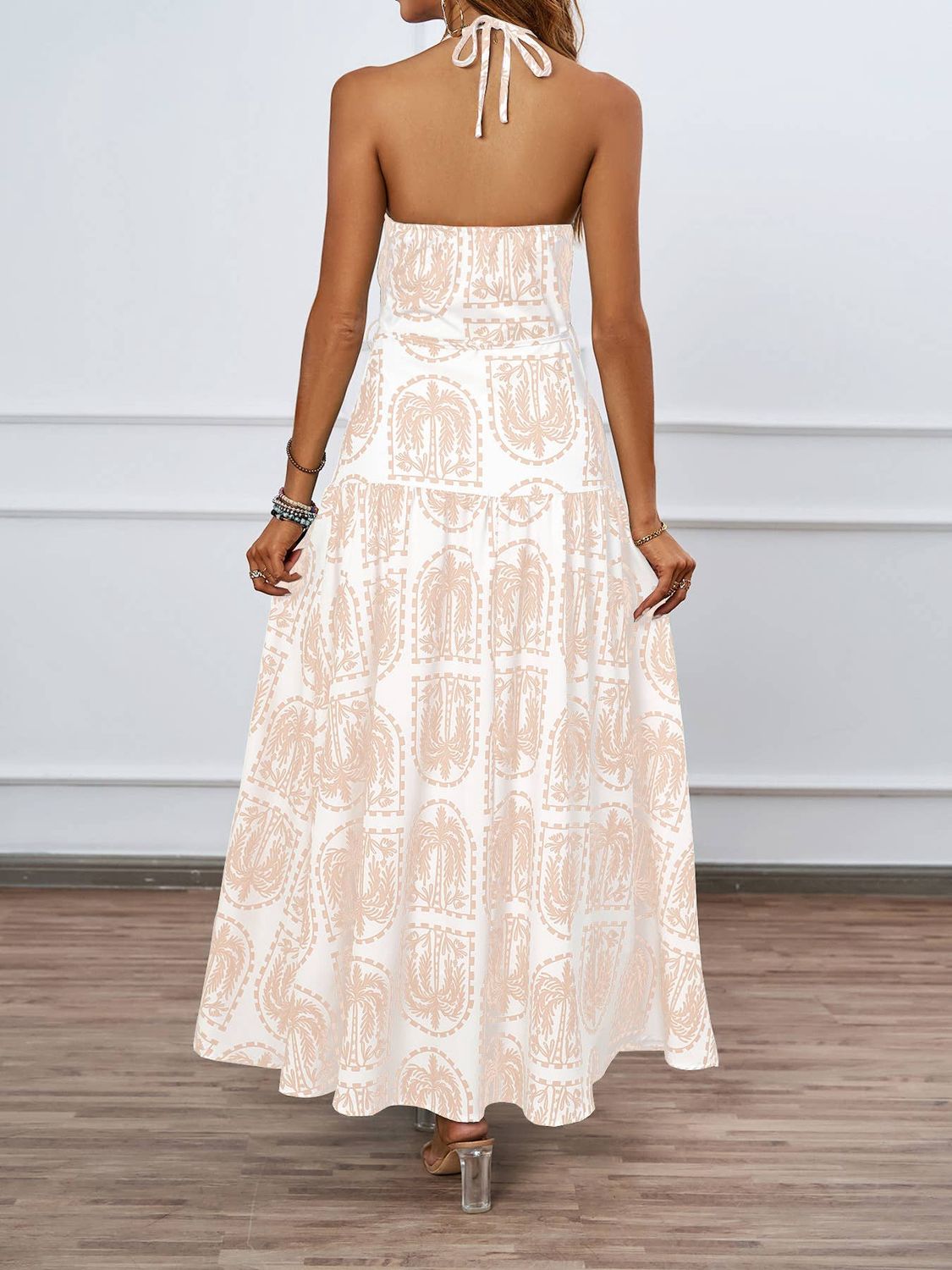 Palm-Print Halter Maxi Dress