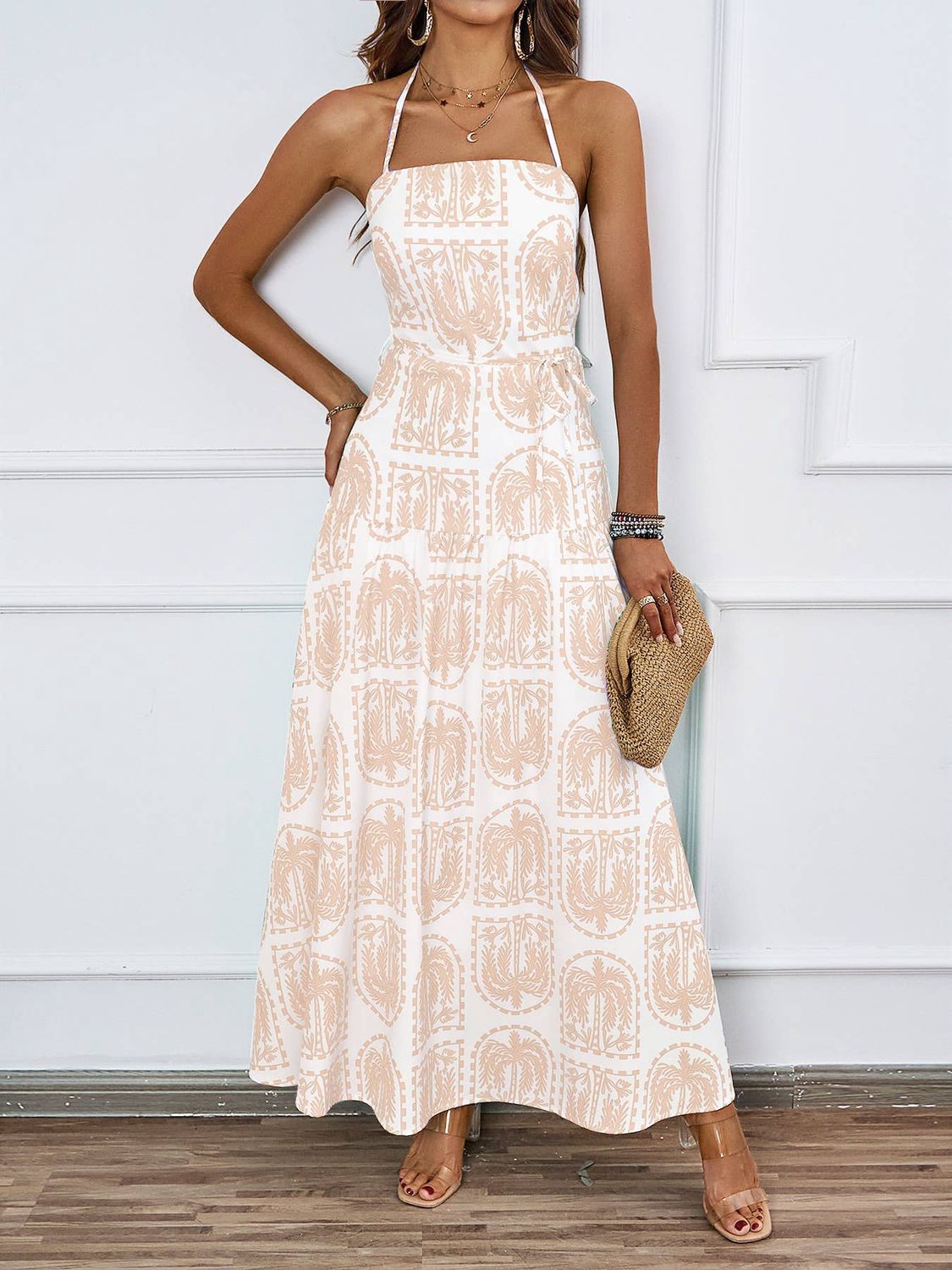 Palm-Print Halter Maxi Dress
