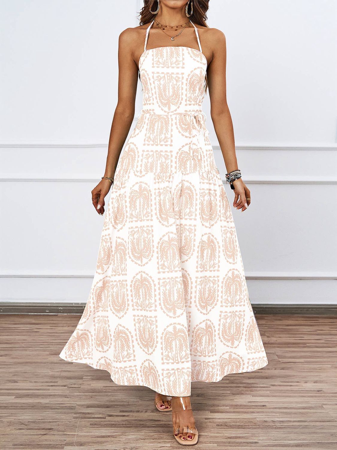 Palm-Print Halter Maxi Dress