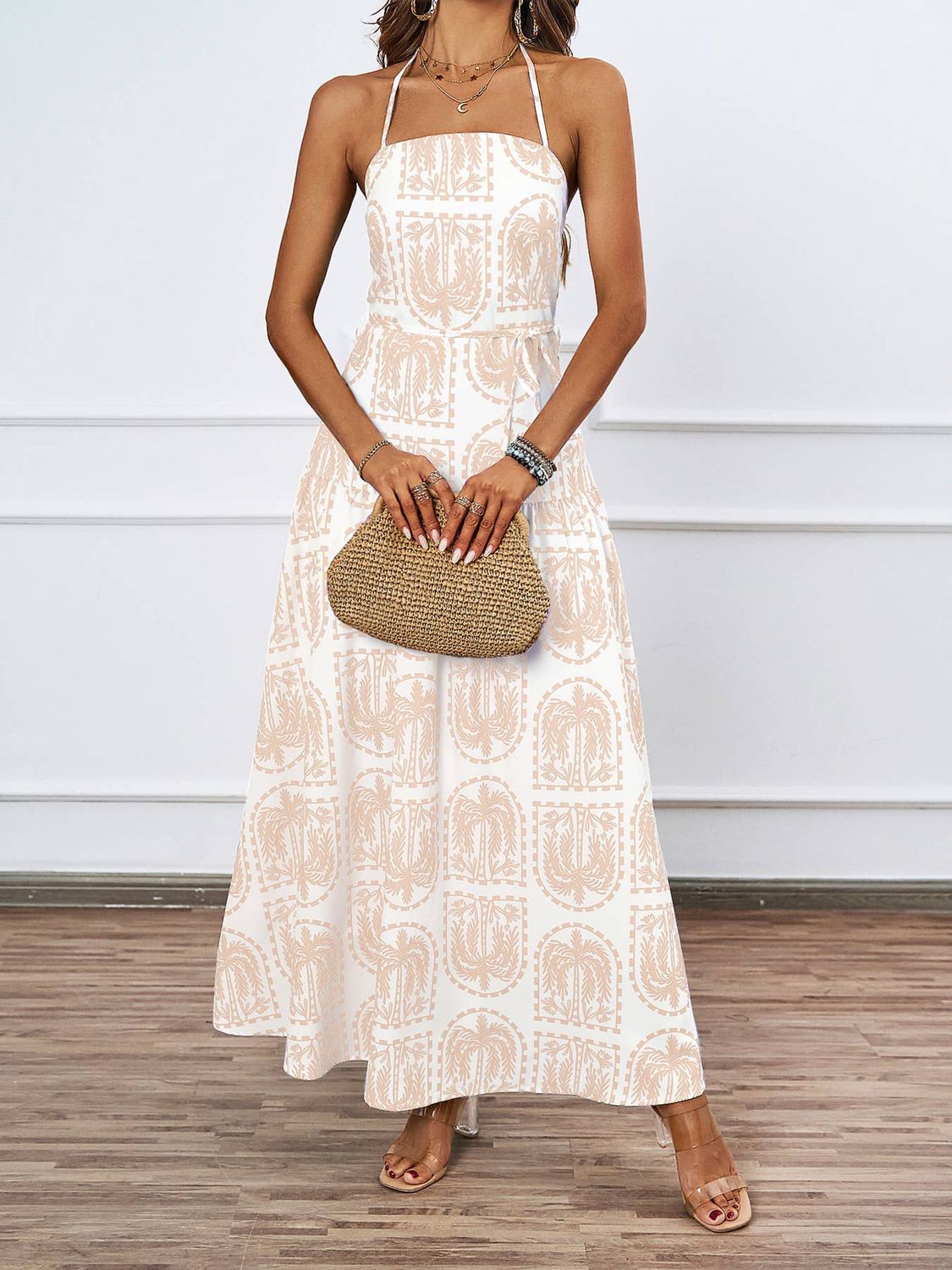 Palm-Print Halter Maxi Dress