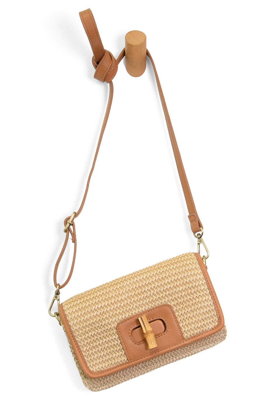 Natural Straw Bonnie Mini Organizer Bamboo Turnlock Crossbody