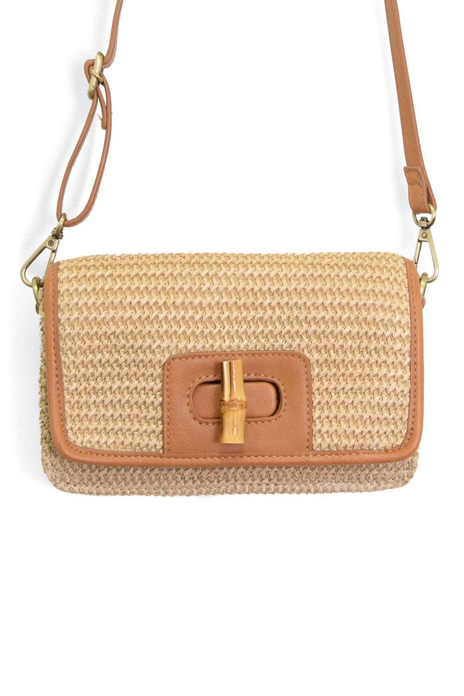 Natural Straw Bonnie Mini Organizer Bamboo Turnlock Crossbody, Color: L8280-15 Natural