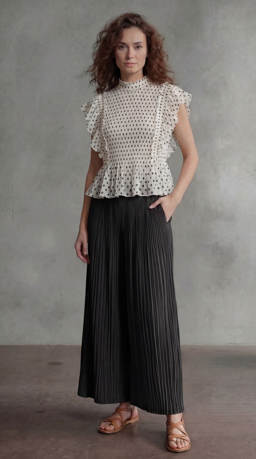 Ellyndale Pleating Ruffle Polka dot Top - White