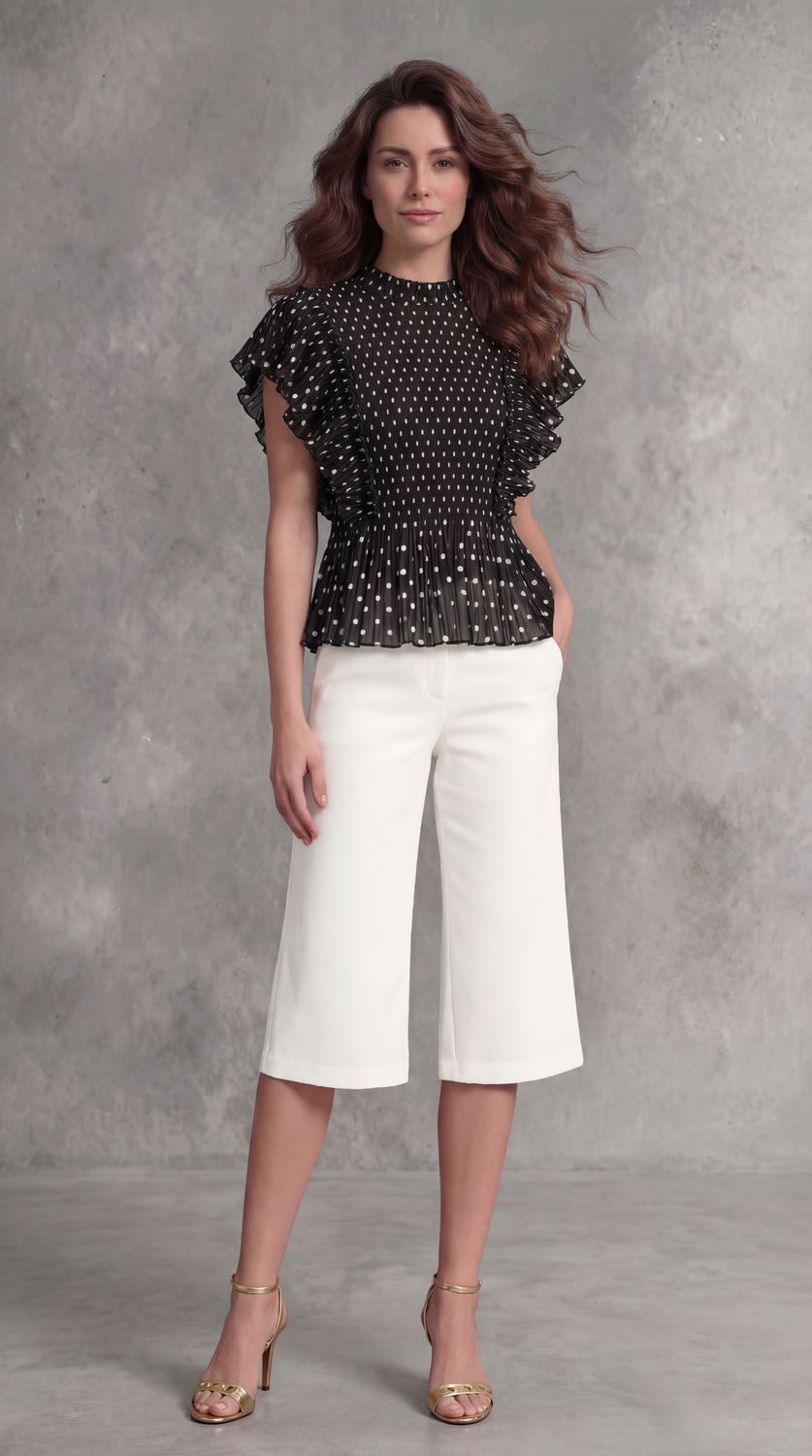 Ellyndale Pleating Ruffle Polka dot Top - White