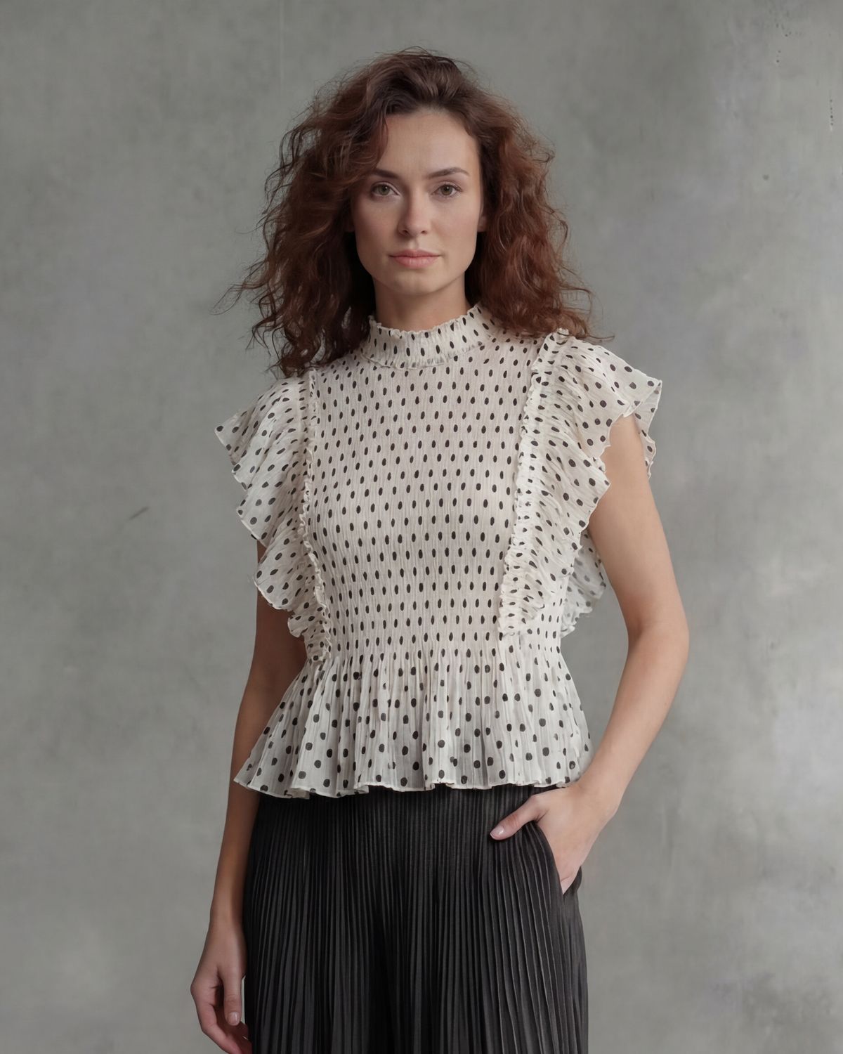 Ellyndale Pleating Ruffle Polka dot Top - White, Color: Cream, Size: O/S