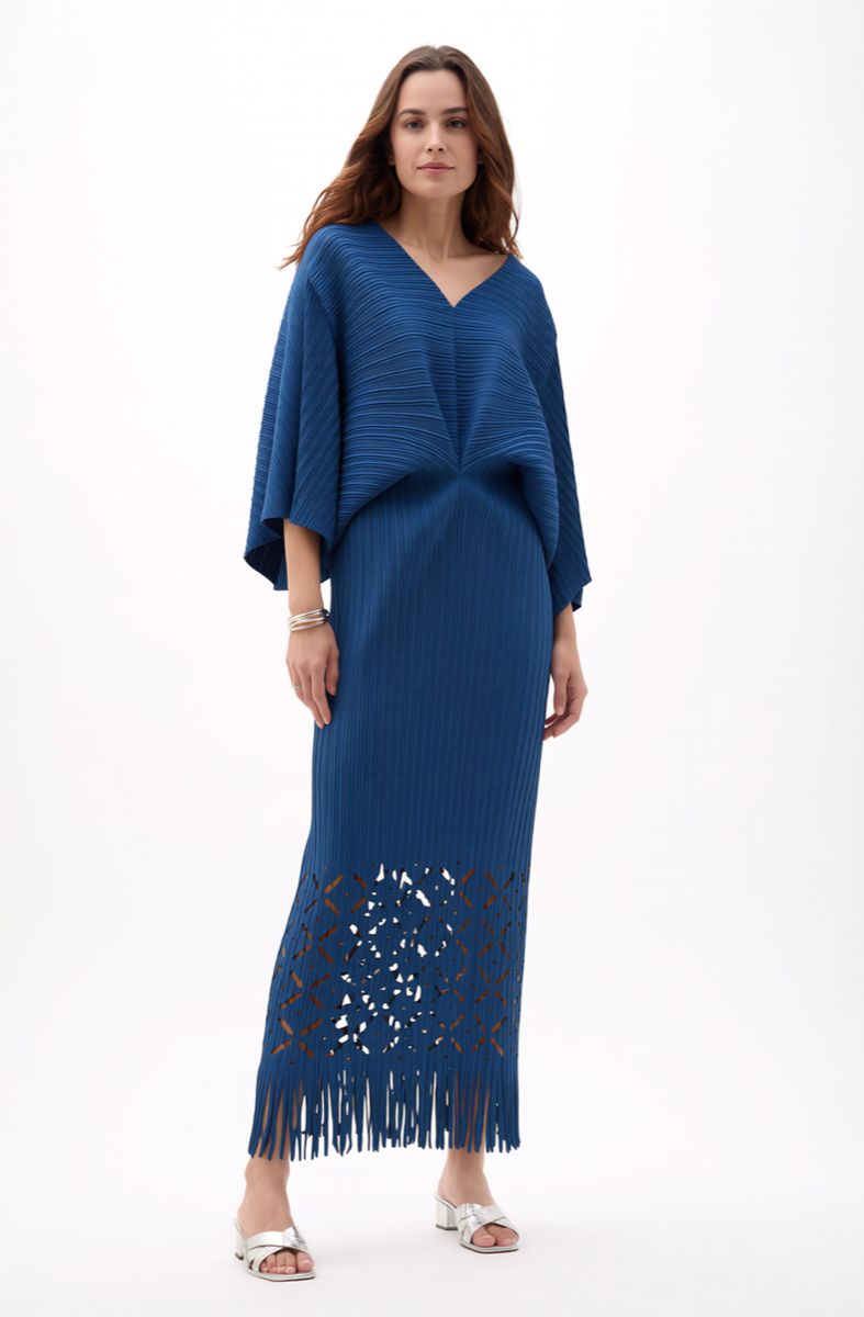 Ellyndale Pleated Cutout Dress with Fringe - TEAL