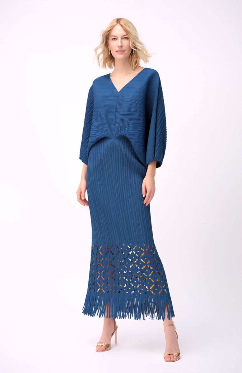 Ellyndale Pleated Cutout Dress with Fringe - TEAL, Color: Teal, Size: O/S