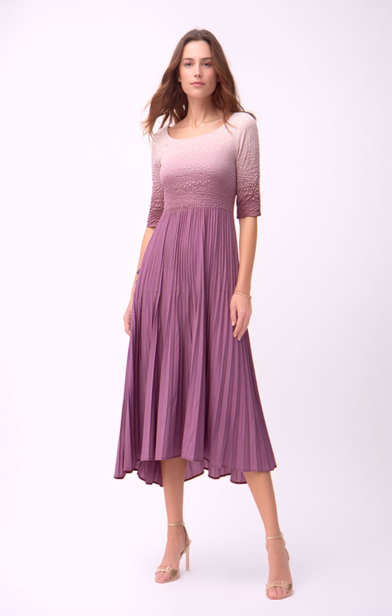 Ellyndale Pleated dress with 3/4 sleeves Ombre effect (Dusty Rose)