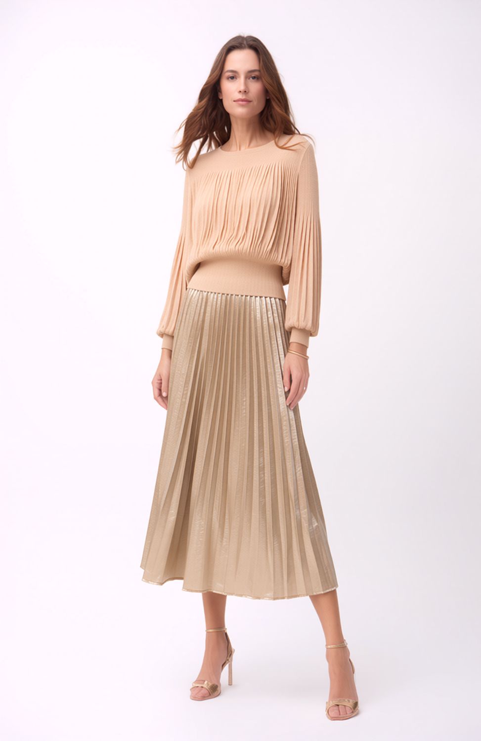 Pleating Long Sleeves Top- Chiffon Flow (Almond)