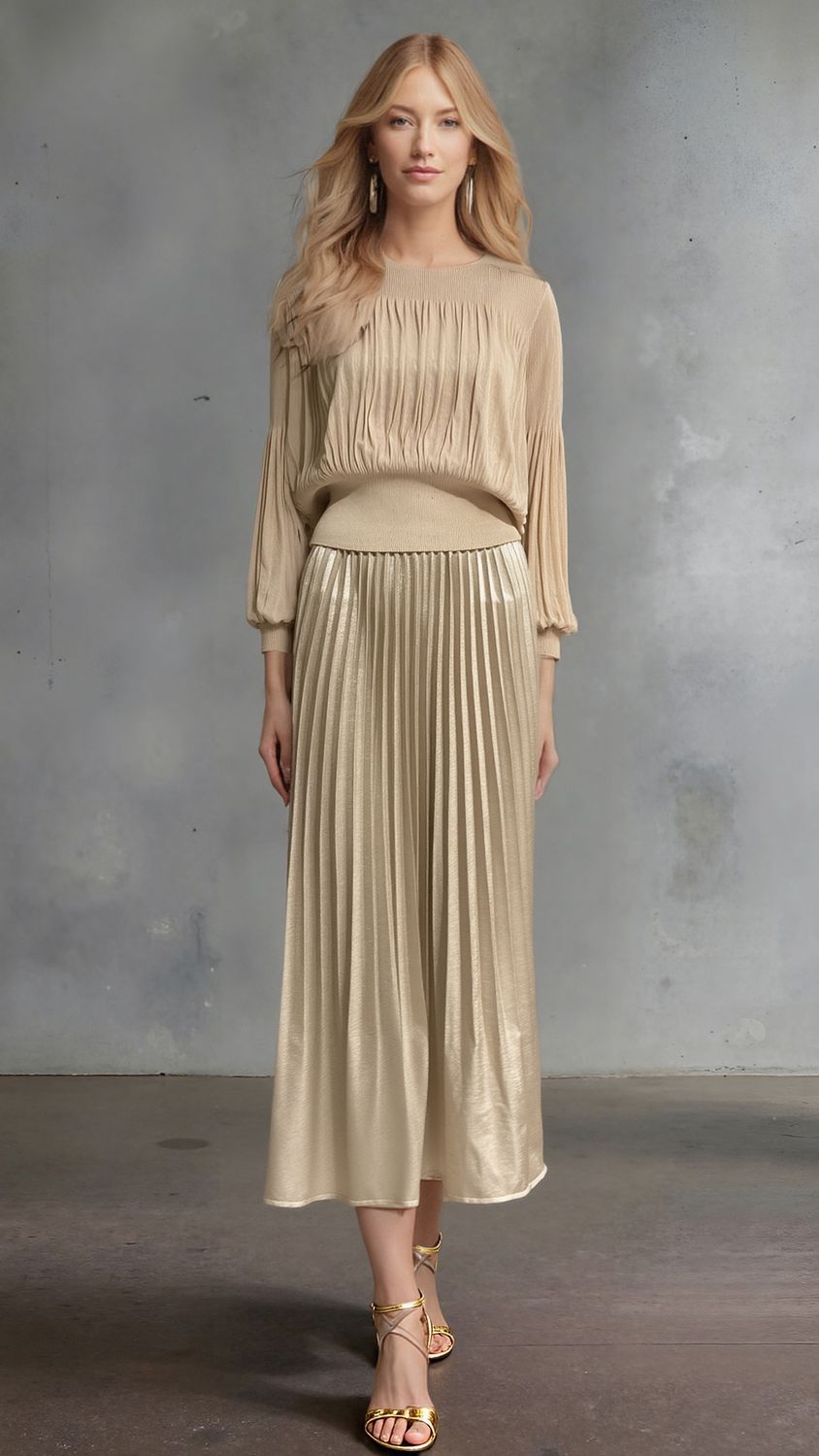 Pleating Long Sleeves Top- Chiffon Flow (Almond)