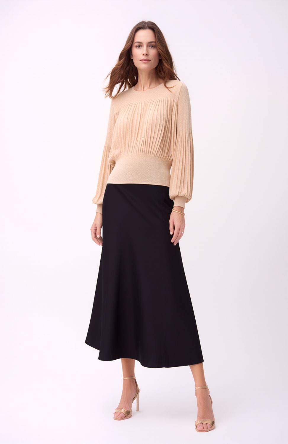 Pleating Long Sleeves Top- Chiffon Flow (Almond), Color: Almond, Size: O/S
