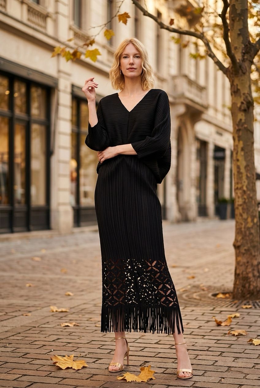 Ellyndale Pleated Cutout Dress with Fringe