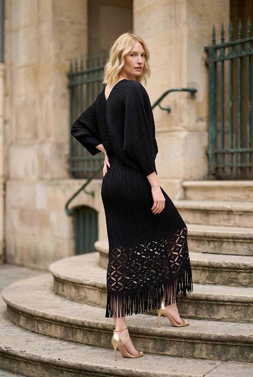 Ellyndale Pleated Cutout Dress with Fringe