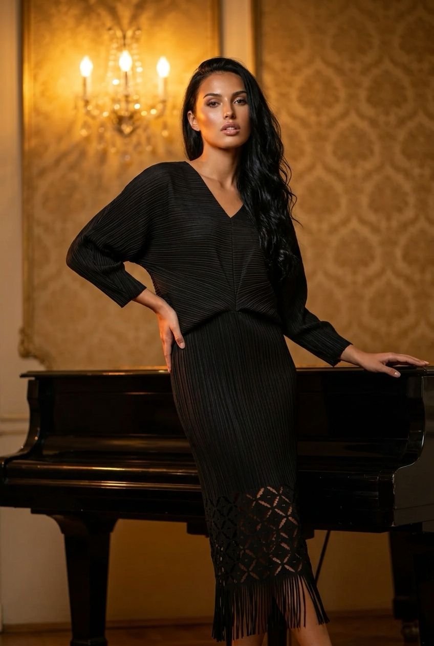 Ellyndale Pleated Cutout Dress with Fringe