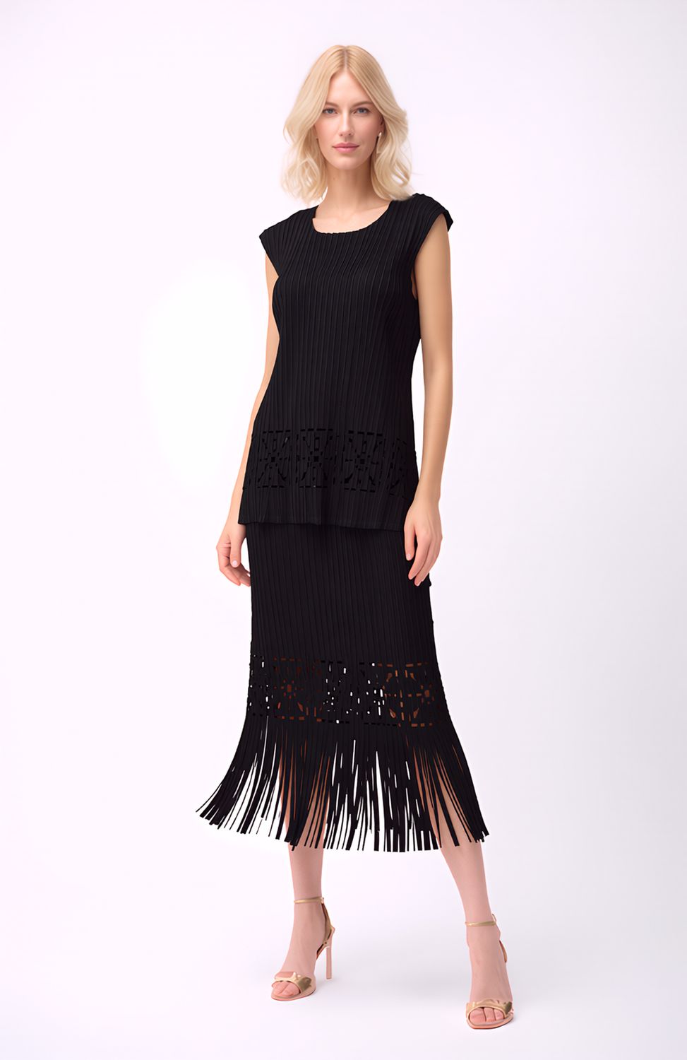Ellyndale Pleated Cutout Skirt with Fringe - Black