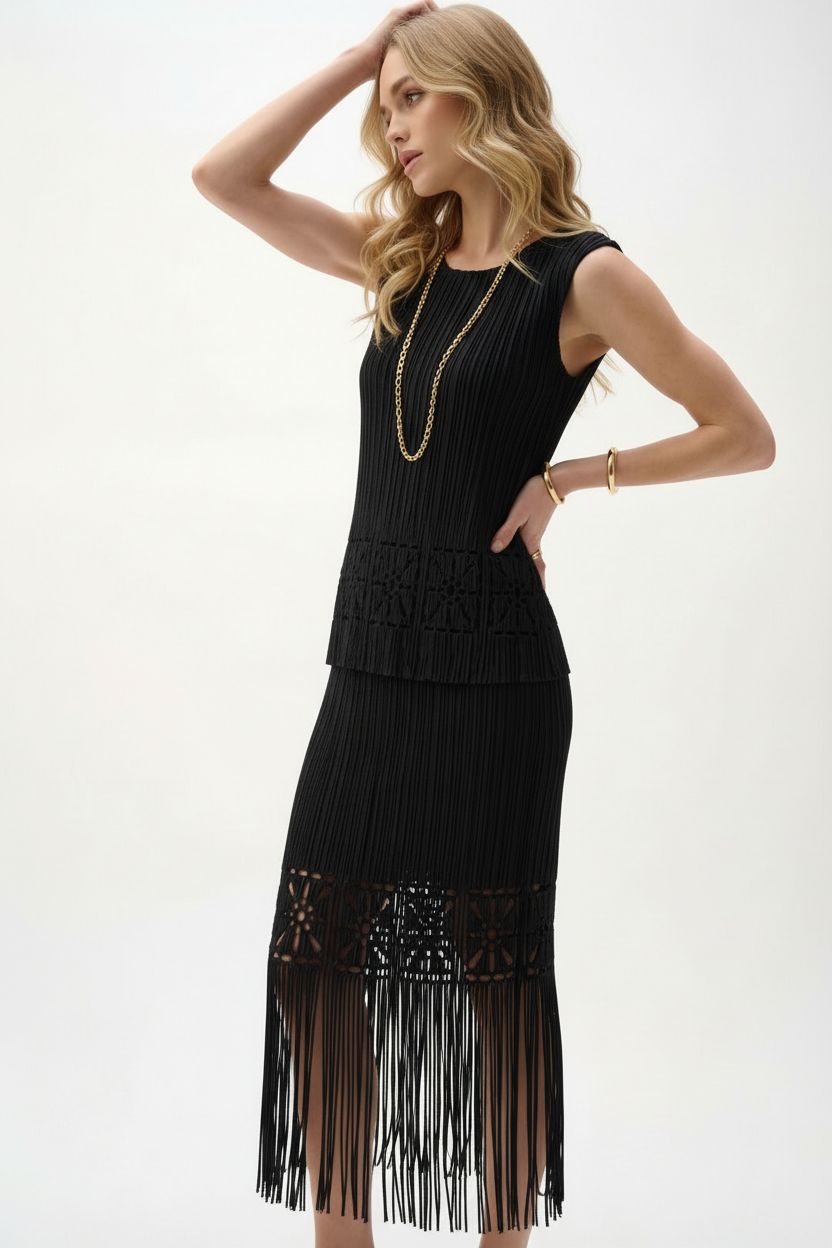 Ellyndale Pleated Cutout Skirt with Fringe - Black