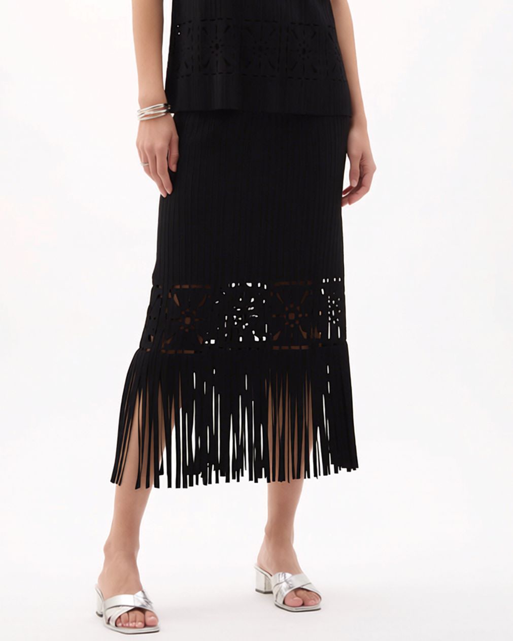 Ellyndale Pleated Cutout Skirt with Fringe - Black, Color: Black