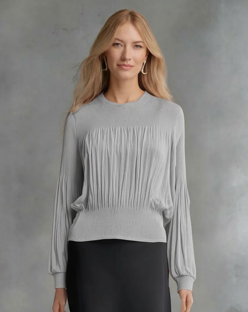 Ellyndale Pleating Long Sleeves Top- Chiffon Flow (Grey)