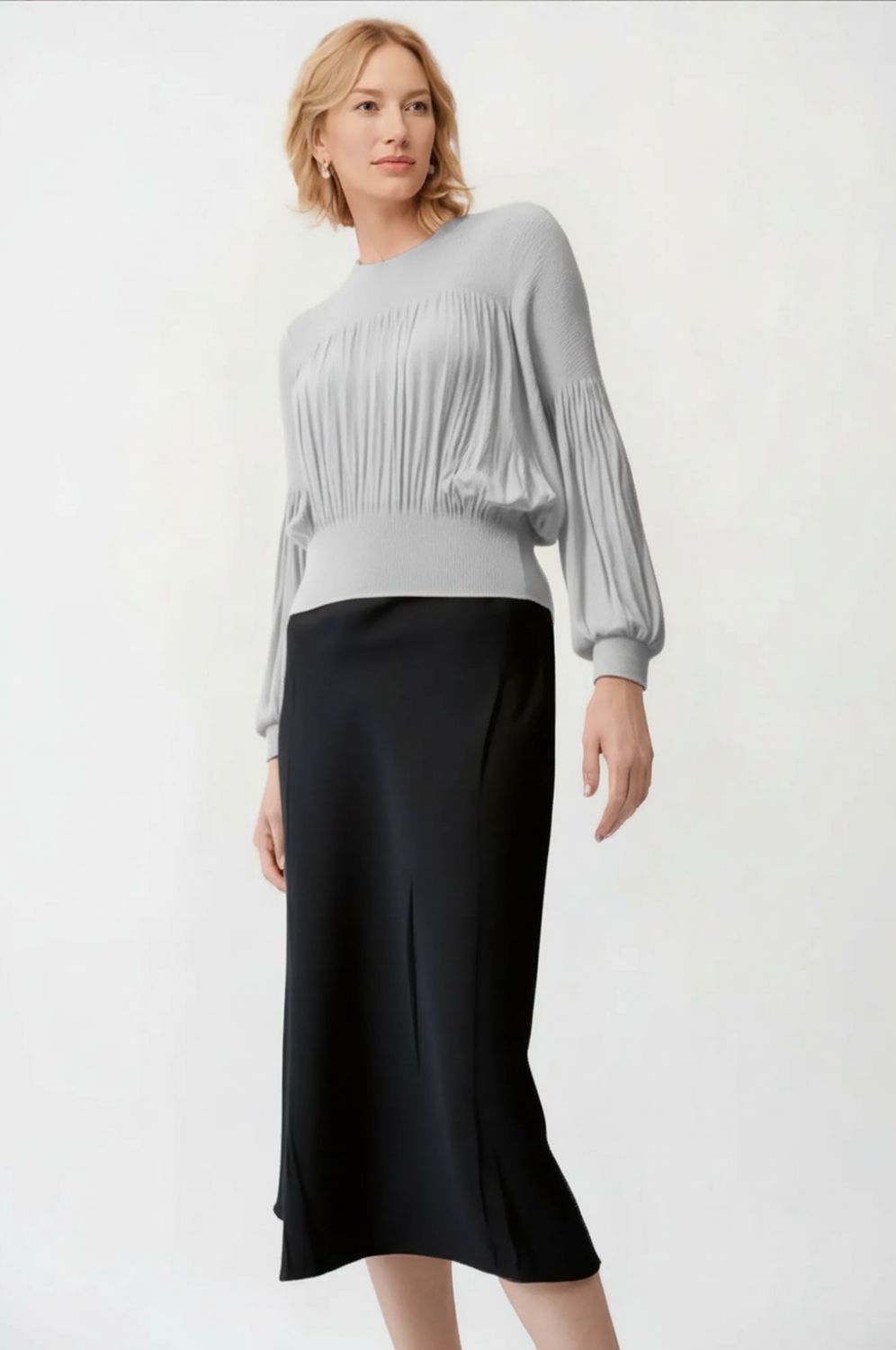 Ellyndale Pleating Long Sleeves Top- Chiffon Flow (Grey)