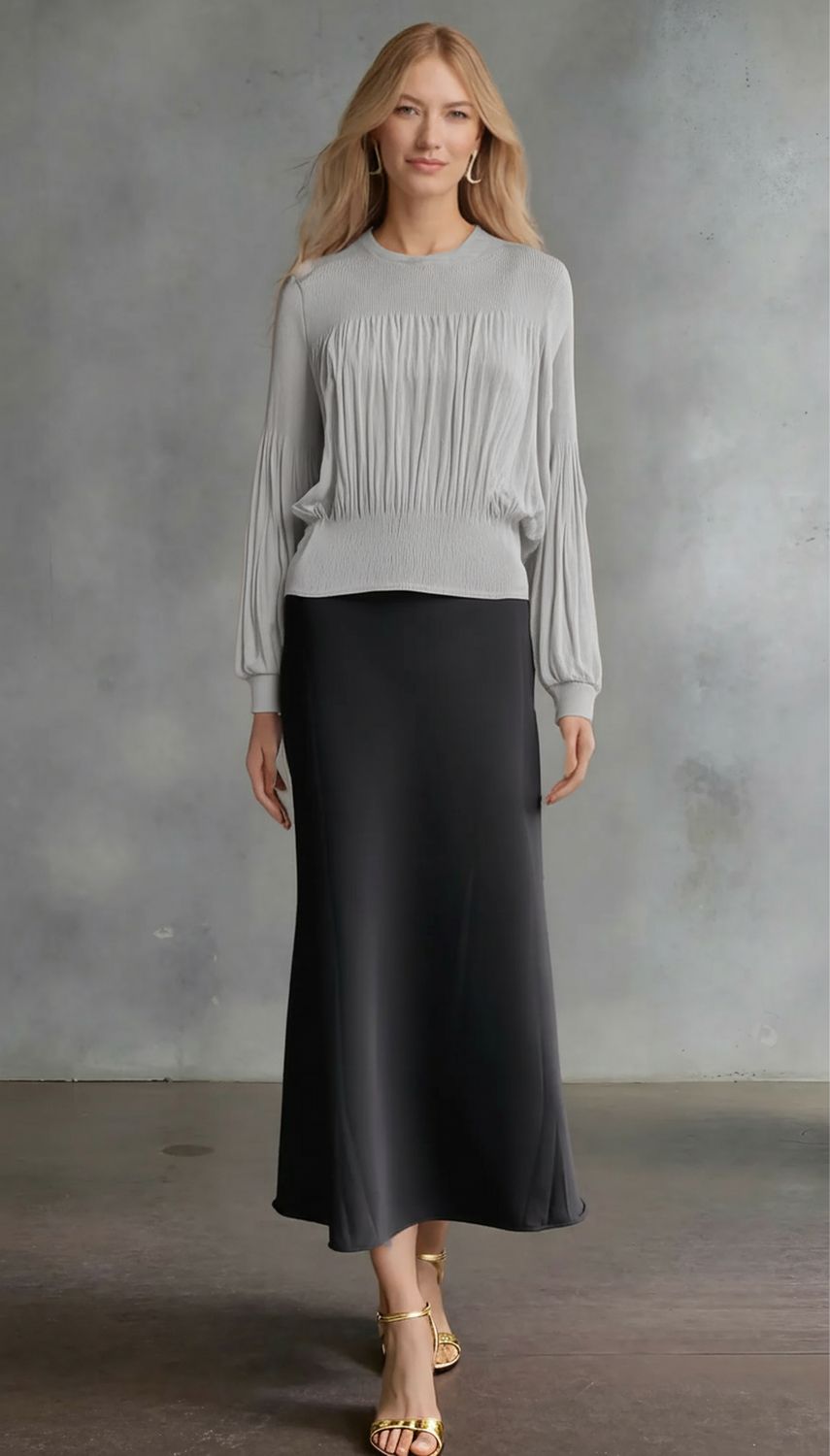 Ellyndale Pleating Long Sleeves Top- Chiffon Flow (Grey)