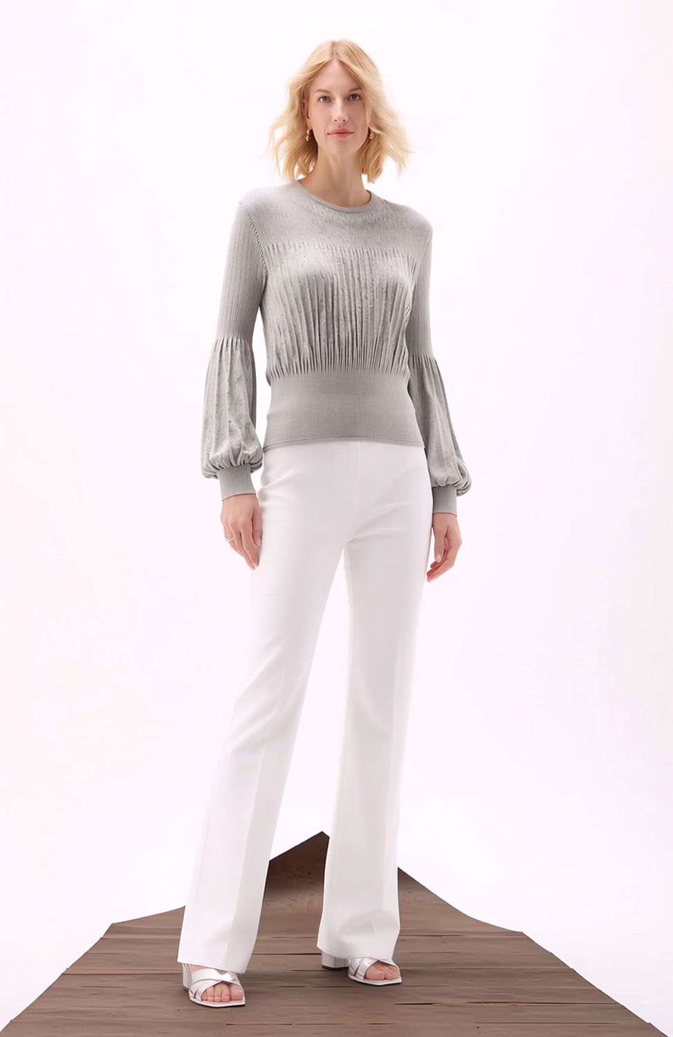 Ellyndale Pleating Long Sleeves Top- Chiffon Flow (Grey), Color: Grey, Size: O/S